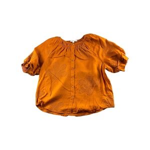 Chicos Orange Embroidered Eyelet Short Sleeve Button Up Blouse Top Size 3